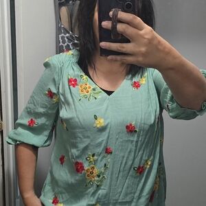 Floral Embroidered Green Top